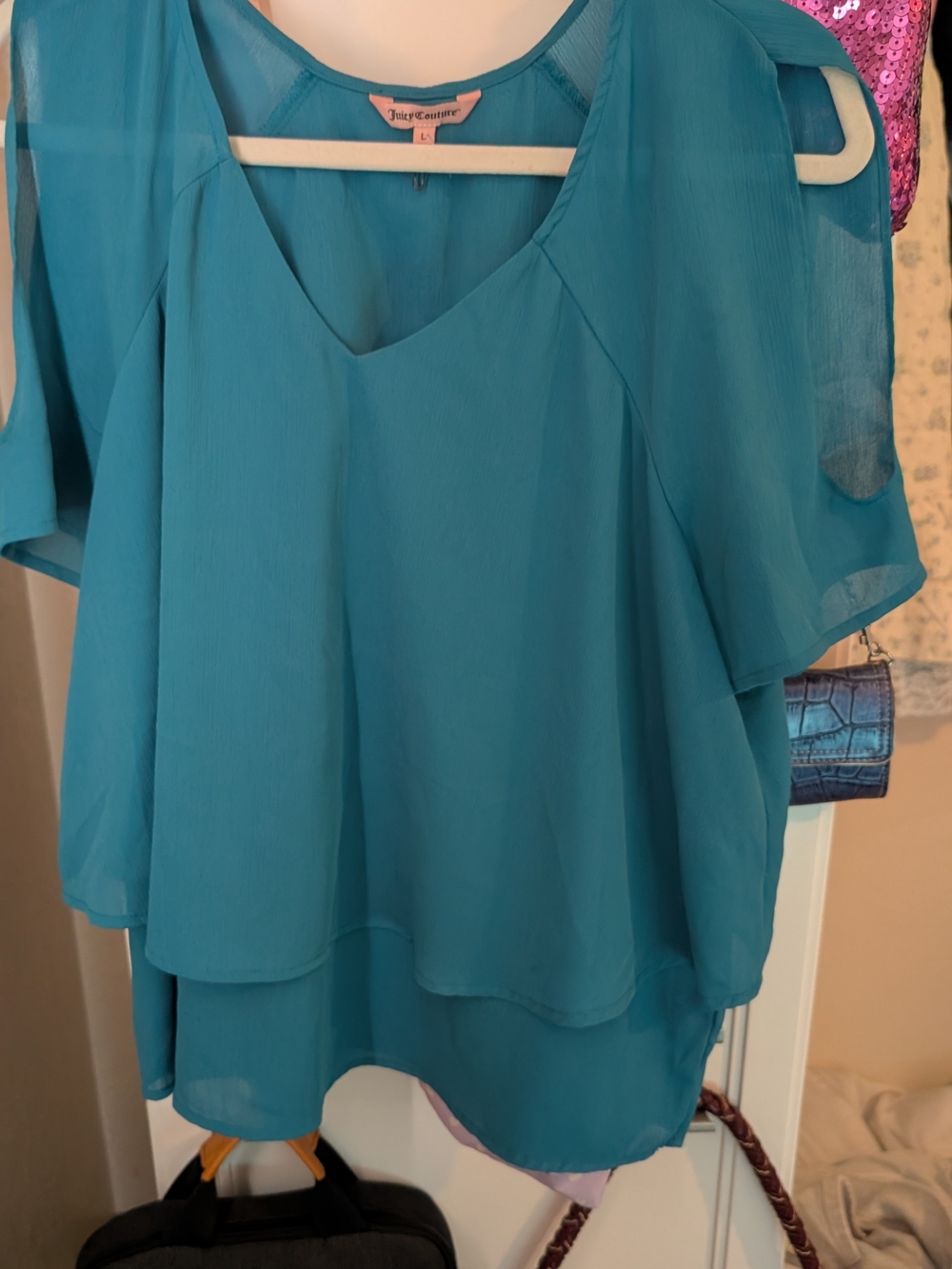 Juicy Couture Turquoise Double-Layer Cold-Shoulder Blouse